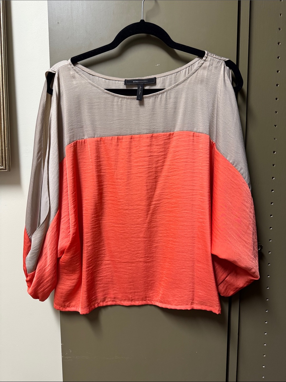 BCBGMaxAzria Coral and Taupe Colorblock Dolman Blouse